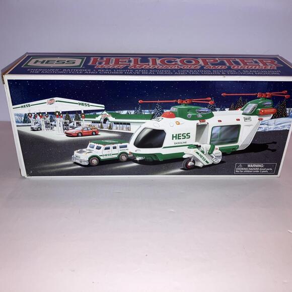 2001 Hess truck Toy Helicopter with Motorcycle and Cruiser New in Box - Picture 3 of 6